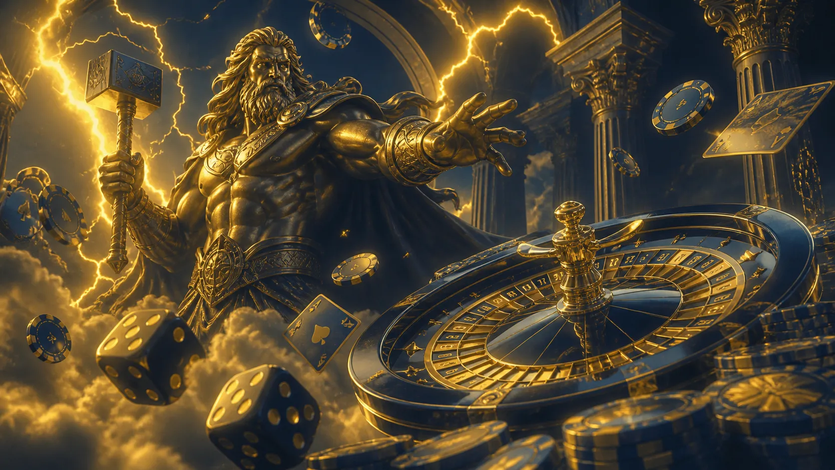 Glossy 3D render of casino elements floating in zero gravity, inspired by Thor fortune theme